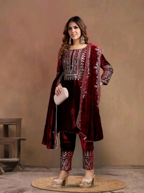 Women's Velvet Embroidered Maroon Straight Kurta Suit Set with Pant and Dupatta||Velvet Suit For Women||Velvet Kurta Set Women||Kurta Set For Women Winter - Temptress, XL