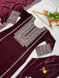 Women's Velvet Embroidered Maroon Straight Kurta Suit Set with Pant and Dupatta||Velvet Suit For Women||Velvet Kurta Set Women||Kurta Set For Women Winter - Temptress, XL