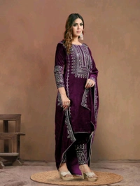 Women's Velvet Embroidered Maroon Straight Kurta Suit Set with Pant and Dupatta||Velvet Suit For Women||Velvet Kurta Set Women||Kurta Set For Women Winter - Melanzane, XL