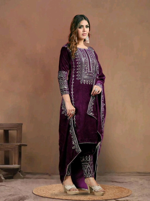 Women's Velvet Embroidered Maroon Straight Kurta Suit Set with Pant and Dupatta||Velvet Suit For Women||Velvet Kurta Set Women||Kurta Set For Women Winter - Melanzane, XL