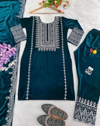 Women's Velvet Embroidered Maroon Straight Kurta Suit Set with Pant and Dupatta||Velvet Suit For Women||Velvet Kurta Set Women||Kurta Set For Women Winter - Daintree, XXL