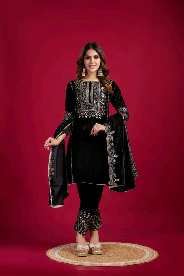 Women's Velvet Embroidered Maroon Straight Kurta Suit Set with Pant and Dupatta||Velvet Suit For Women||Velvet Kurta Set Women||Kurta Set For Women Winter - Black, XXL
