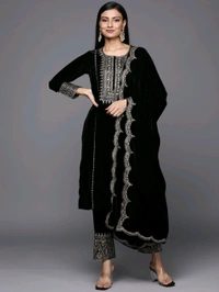 Women's Velvet Embroidered Maroon Straight Kurta Suit Set with Pant and Dupatta||Velvet Suit For Women||Velvet Kurta Set Women||Kurta Set For Women Winter - Black, XXL