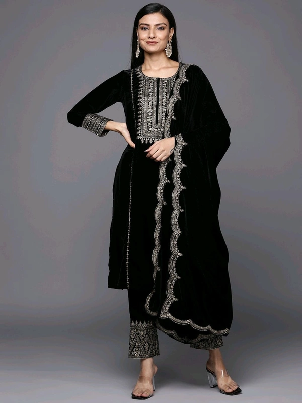 Women's Velvet Embroidered Maroon Straight Kurta Suit Set with Pant and Dupatta||Velvet Suit For Women||Velvet Kurta Set Women||Kurta Set For Women Winter - Black, XXL