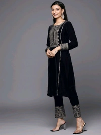 Women's Velvet Embroidered Maroon Straight Kurta Suit Set with Pant and Dupatta||Velvet Suit For Women||Velvet Kurta Set Women||Kurta Set For Women Winter - Black, XXL