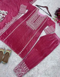 Women's Velvet Embroidered Maroon Straight Kurta Suit Set with Pant and Dupatta||Velvet Suit For Women||Velvet Kurta Set Women||Kurta Set For Women Winter - Hibiscus, XXL