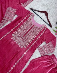 Women's Velvet Embroidered Maroon Straight Kurta Suit Set with Pant and Dupatta||Velvet Suit For Women||Velvet Kurta Set Women||Kurta Set For Women Winter - Hibiscus, XXL