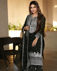 Decent Embroidery Sequence Work Black Color Sharara Suit - Black, L