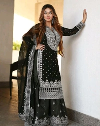 Decent Embroidery Sequence Work Black Color Sharara Suit - Black, L