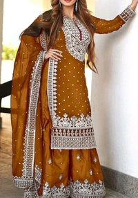 Decent Embroidery Sequence Work Black Color Sharara Suit - Brown, L