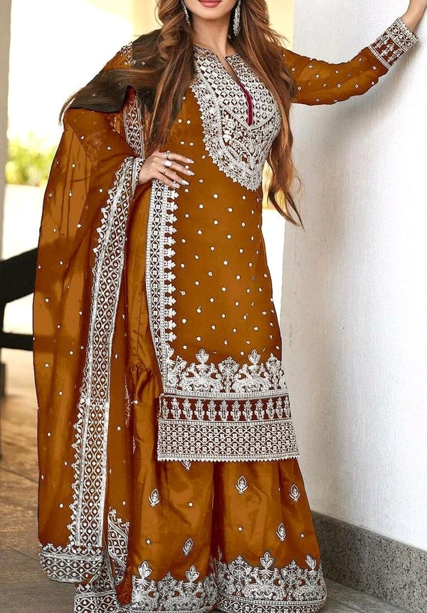 Decent Embroidery Sequence Work Black Color Sharara Suit - Brown, L