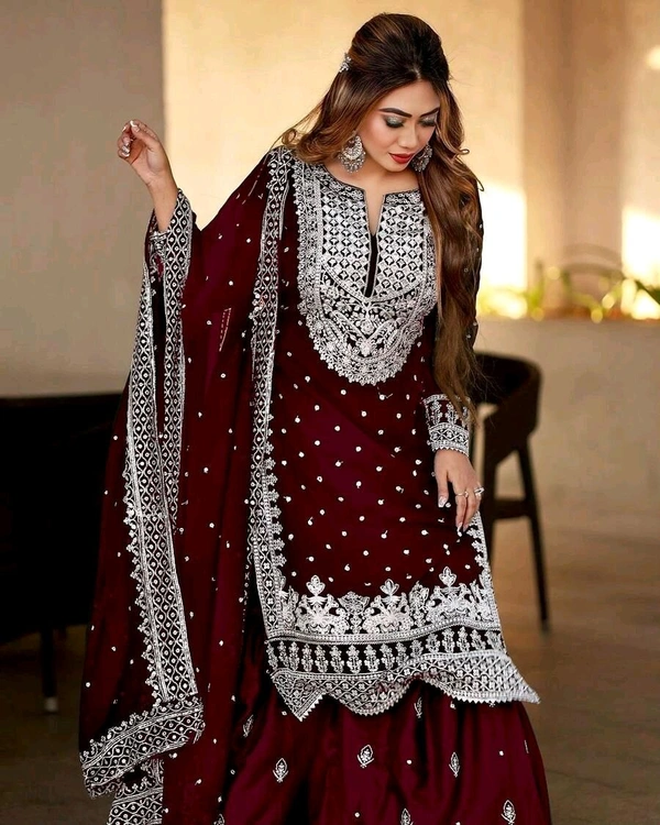 Decent Embroidery Sequence Work Black Color Sharara Suit - Temptress, L
