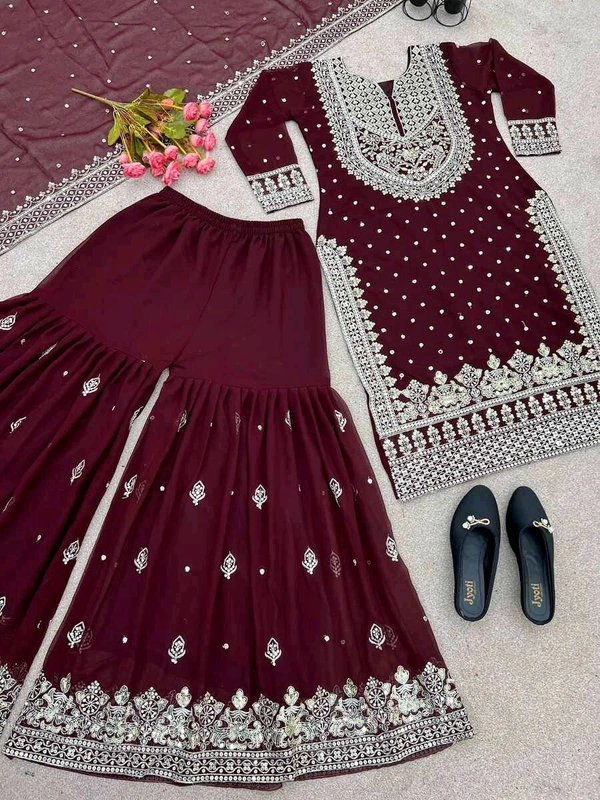 Decent Embroidery Sequence Work Black Color Sharara Suit - Temptress, L