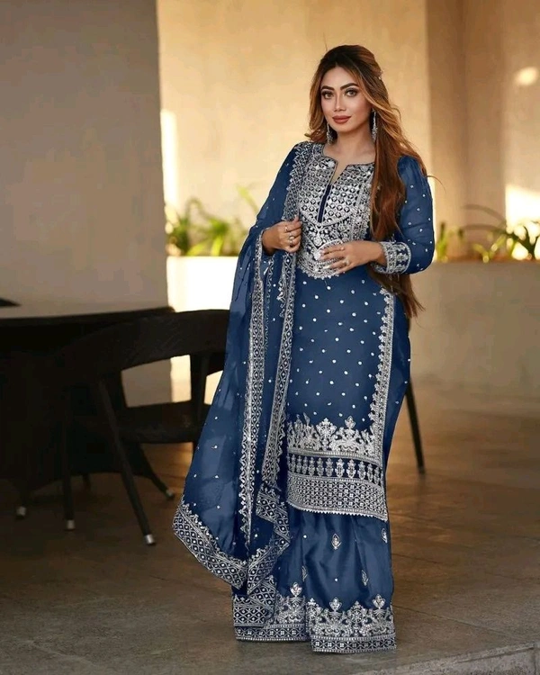Decent Embroidery Sequence Work Black Color Sharara Suit - Chambray, L
