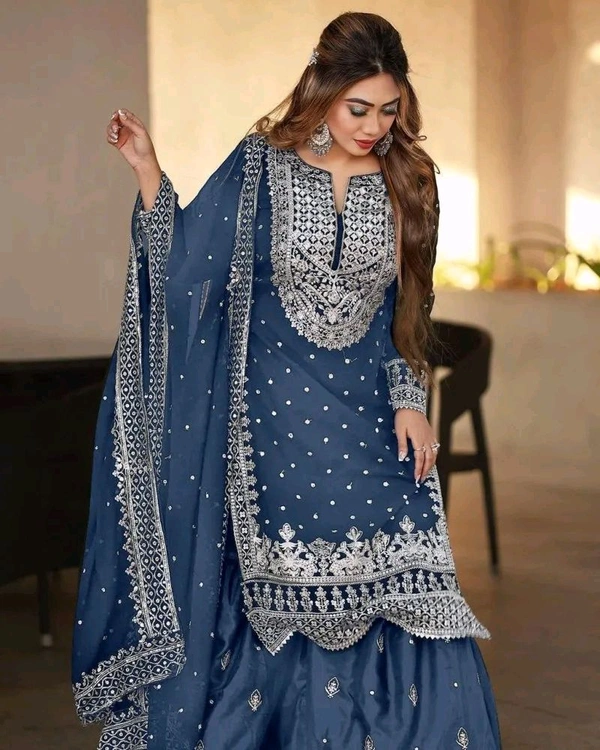Decent Embroidery Sequence Work Black Color Sharara Suit - Chambray, L