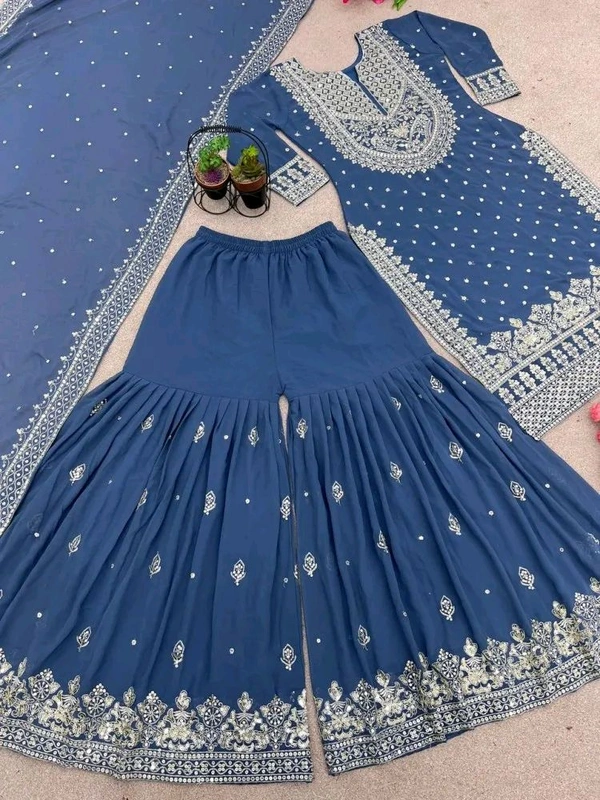 Decent Embroidery Sequence Work Black Color Sharara Suit - Chambray, L