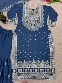 Decent Embroidery Sequence Work Black Color Sharara Suit - Chambray, L
