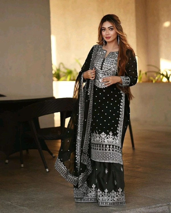 Decent Embroidery Sequence Work Black Color Sharara Suit - Black, M