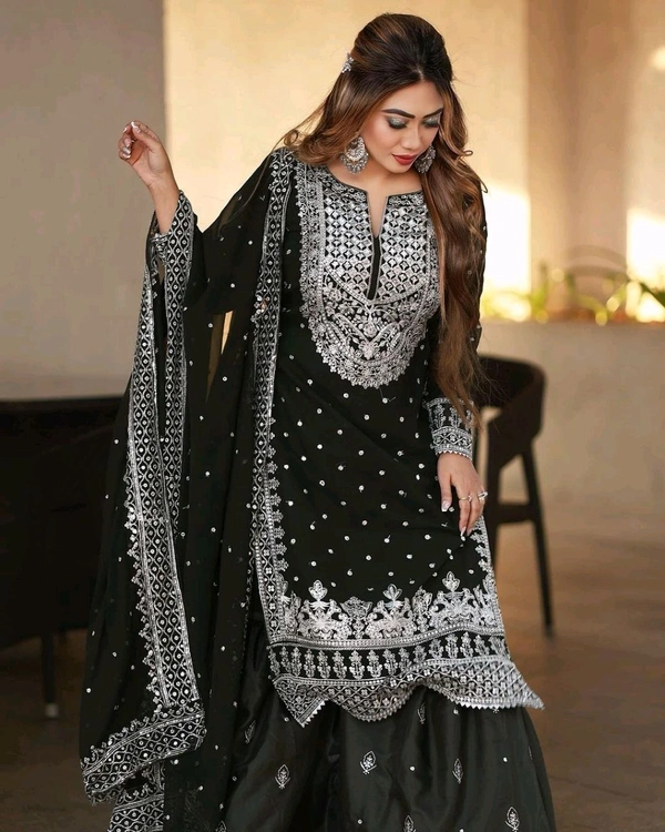 Decent Embroidery Sequence Work Black Color Sharara Suit - Black, M