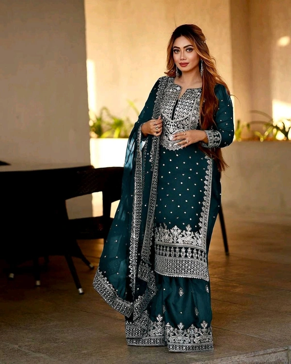 Decent Embroidery Sequence Work Black Color Sharara Suit - Gable Green, M