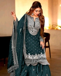 Decent Embroidery Sequence Work Black Color Sharara Suit - Gable Green, M