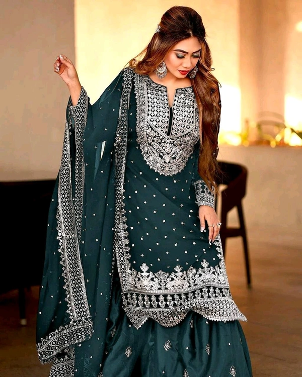 Decent Embroidery Sequence Work Black Color Sharara Suit - Gable Green, M