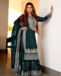 Decent Embroidery Sequence Work Black Color Sharara Suit - Gable Green, M
