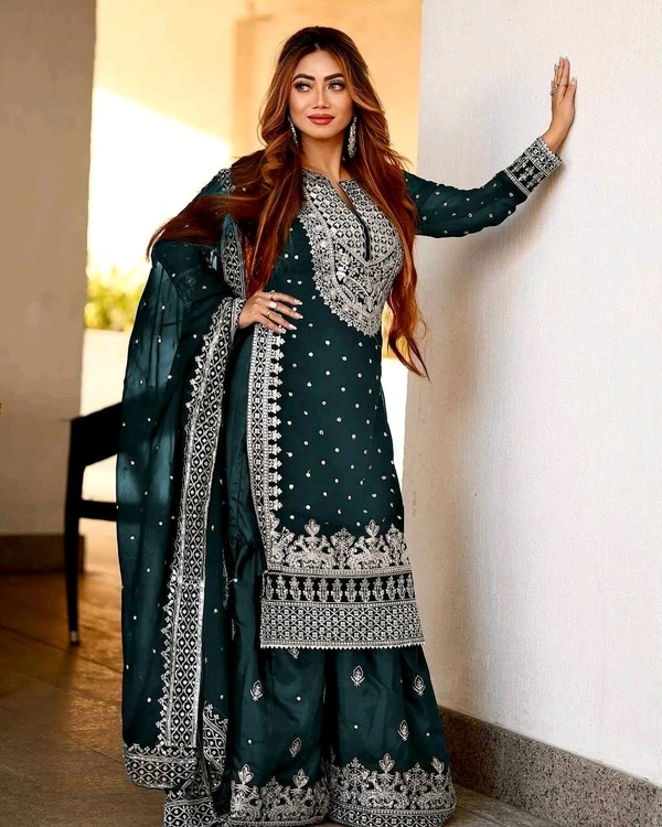 Decent Embroidery Sequence Work Black Color Sharara Suit - Gable Green, M