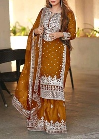 Decent Embroidery Sequence Work Black Color Sharara Suit - Brown, M