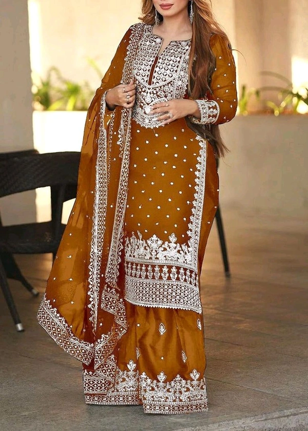 Decent Embroidery Sequence Work Black Color Sharara Suit - Brown, M