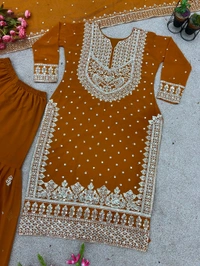 Decent Embroidery Sequence Work Black Color Sharara Suit - Brown, M