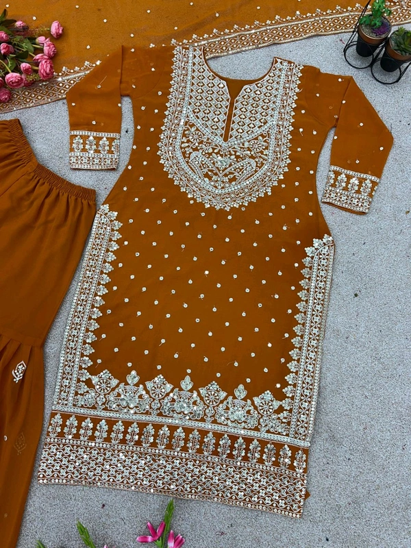 Decent Embroidery Sequence Work Black Color Sharara Suit - Brown, M