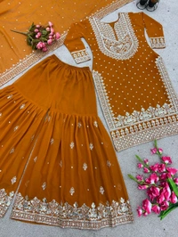 Decent Embroidery Sequence Work Black Color Sharara Suit - Brown, M
