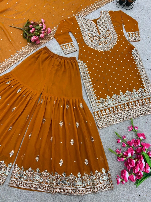 Decent Embroidery Sequence Work Black Color Sharara Suit - Brown, M