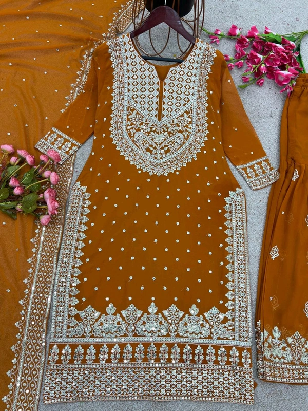 Decent Embroidery Sequence Work Black Color Sharara Suit - Brown, M