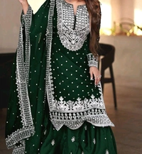 Decent Embroidery Sequence Work Black Color Sharara Suit - Deep Teal, M