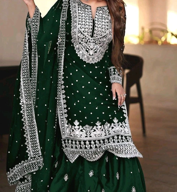 Decent Embroidery Sequence Work Black Color Sharara Suit - Deep Teal, M