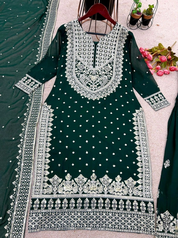 Decent Embroidery Sequence Work Black Color Sharara Suit - Deep Teal, M