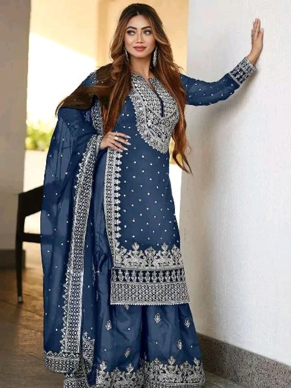 Decent Embroidery Sequence Work Black Color Sharara Suit - Chambray, M