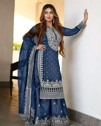 Decent Embroidery Sequence Work Black Color Sharara Suit - Chambray, M