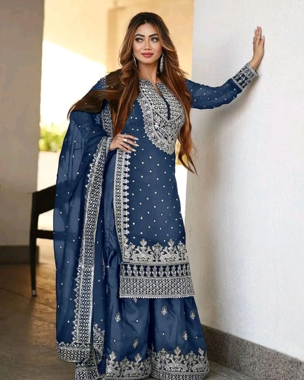 Decent Embroidery Sequence Work Black Color Sharara Suit - Chambray, M