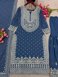 Decent Embroidery Sequence Work Black Color Sharara Suit - Chambray, M