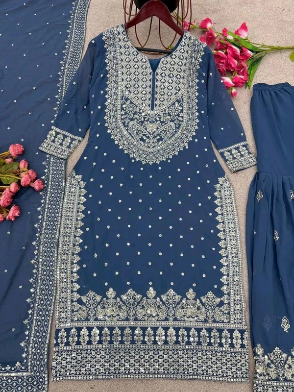 Decent Embroidery Sequence Work Black Color Sharara Suit - Chambray, M