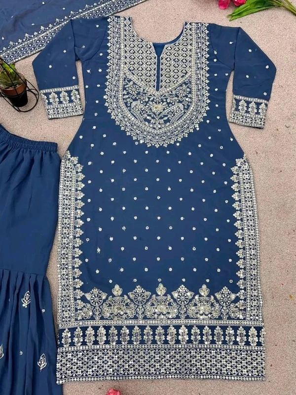 Decent Embroidery Sequence Work Black Color Sharara Suit - Chambray, M