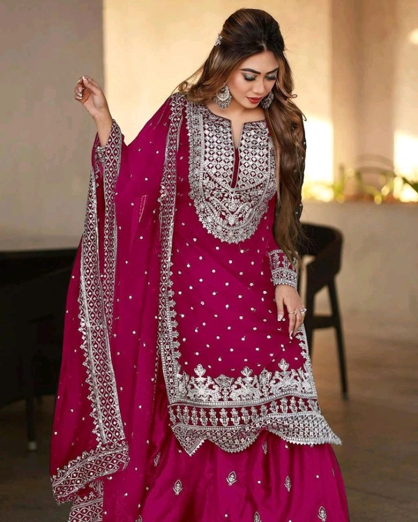 Decent Embroidery Sequence Work Black Color Sharara Suit - Paprika, XL