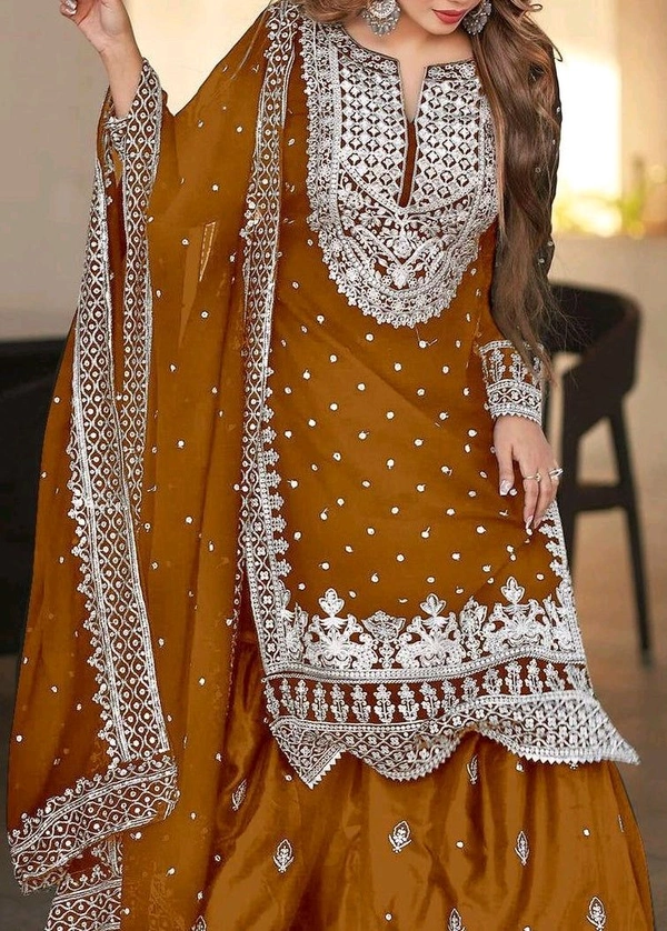 Decent Embroidery Sequence Work Black Color Sharara Suit - Brown, XL