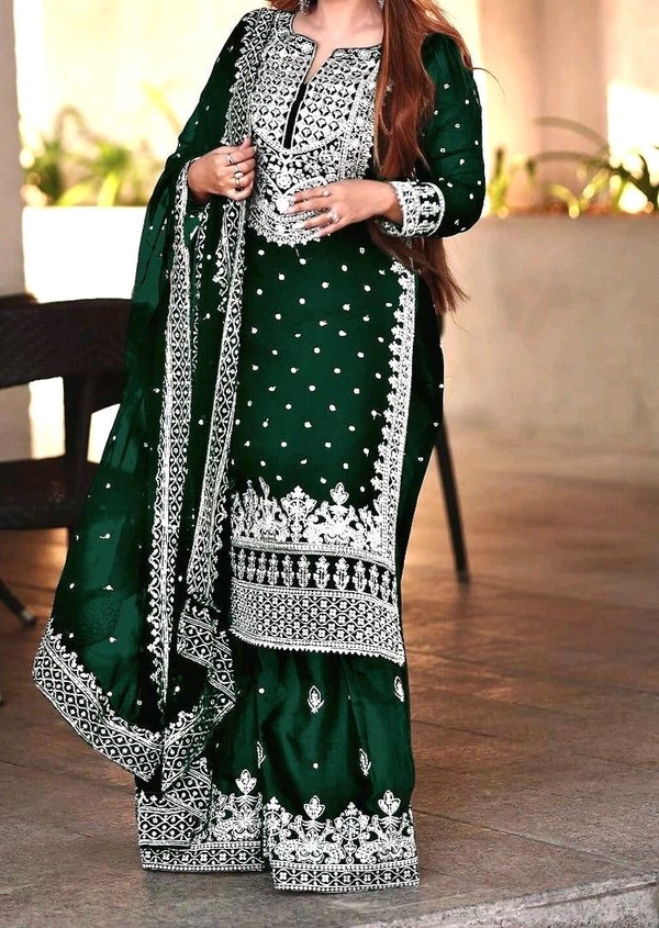 Decent Embroidery Sequence Work Black Color Sharara Suit - Deep Teal, XL
