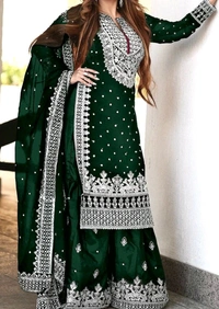 Decent Embroidery Sequence Work Black Color Sharara Suit - Deep Teal, XXL
