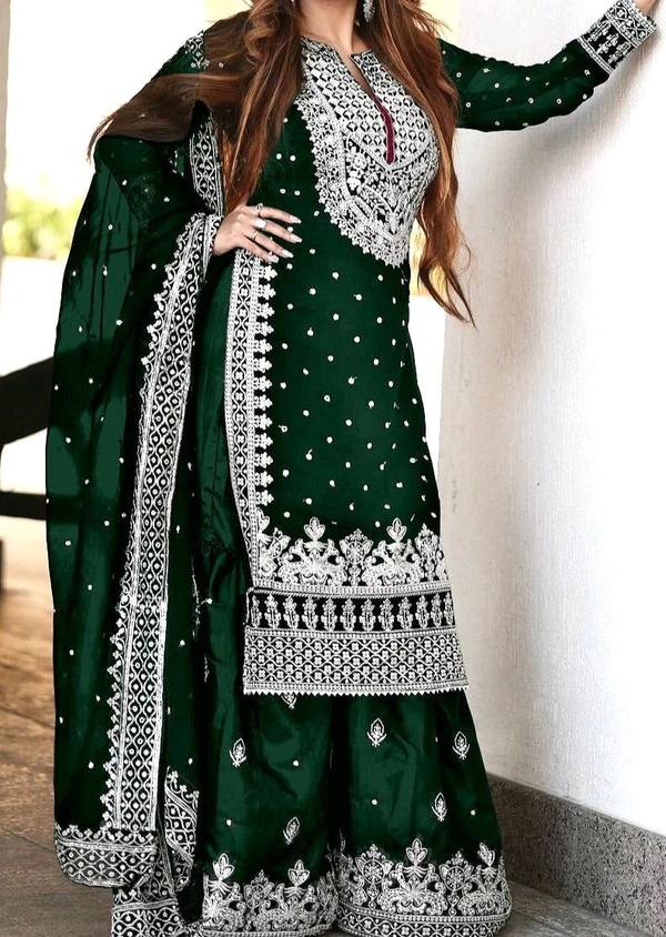 Decent Embroidery Sequence Work Black Color Sharara Suit - Deep Teal, XXL