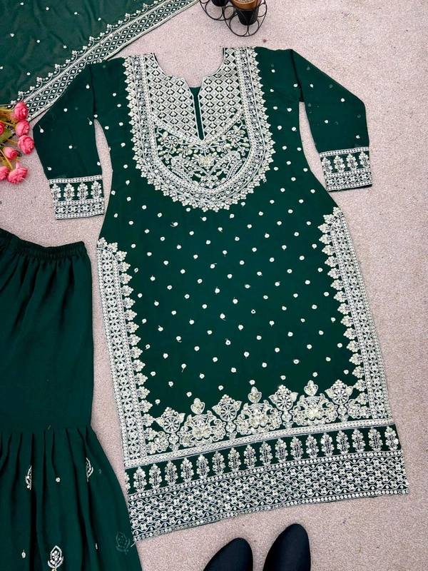 Decent Embroidery Sequence Work Black Color Sharara Suit - Deep Teal, XXL